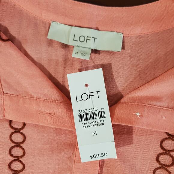 Loft NWT Womens Floral Embroidered Henley Button Peplum Shell Top Size M Pink - Picture 6 of 10